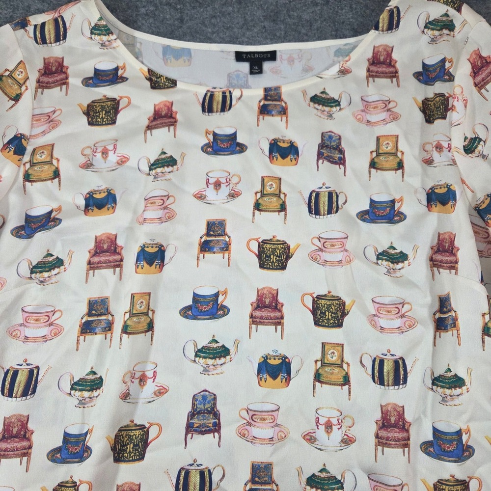 Talbots XL Tea Party Print Blouse Teacup Teapot Grandmillennial Cottage Top